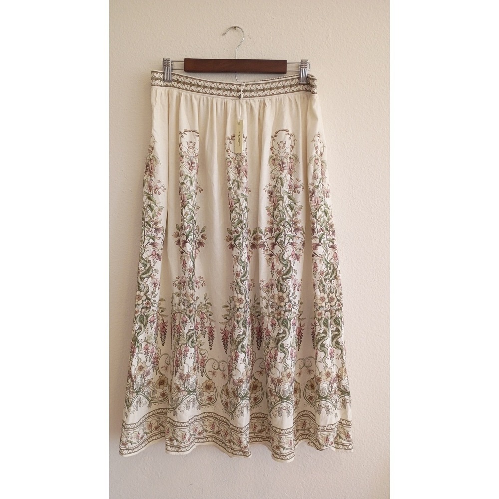 Max Studio London Floral Linen Blend Midi Skirt Cream Green Pink L Cottagecore - Picture 9 of 9